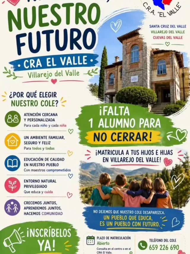 En Villarejo del Valle (Ávila)
Si no encuentran un/a alumn@ se cierra el colegio. PP y VOX son incapaces de poner fin a esta sangría.