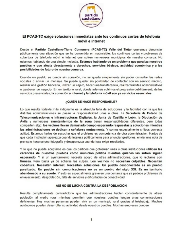 Ante los continuos cortes de linea móvil e internet en el Valle del Tiétar, lanzamos este comunicado. Si en tu comarca ocurren cosas parecidas con servicios públicos esenciales, ponte en contacto con nosotros. Seremos tu altavoz.