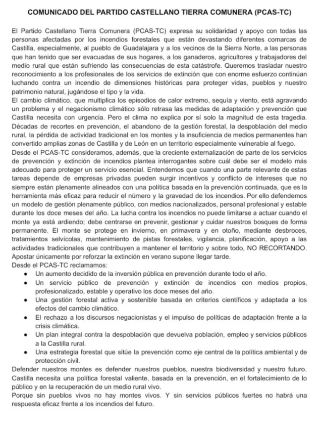 Comunicado PCAS-TC.
Contra la lacra de los incendios que cada año destrozan nuestra tierra.