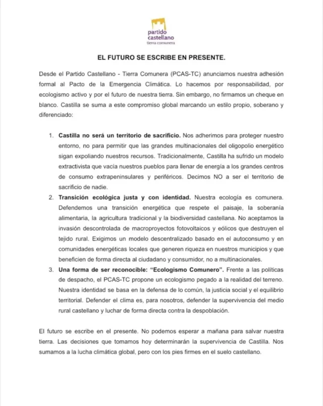 COMUNICADO DEL PCAS TC.
Nos adherimos al Pacto de Emergencia Climática, pero no a cualquier precio.