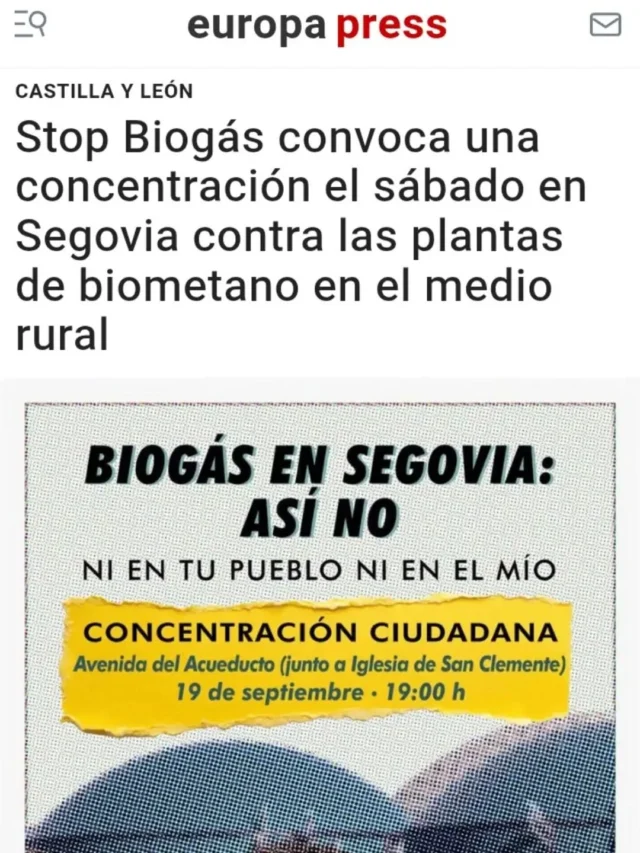 Stop Biogás convoca una concentración el sábado en Segovia contra las plantas de biometano en el medio rural https://www.europapress.es/castilla-y-leon/noticia-stop-biogas-convoca-concentracion-sabado-segovia-contra-plantas-biometano-medio-rural-20260913194044.html